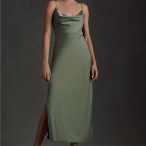 BHLDN Cali Satin Cowl Neck Midi Slip Dress in Moss